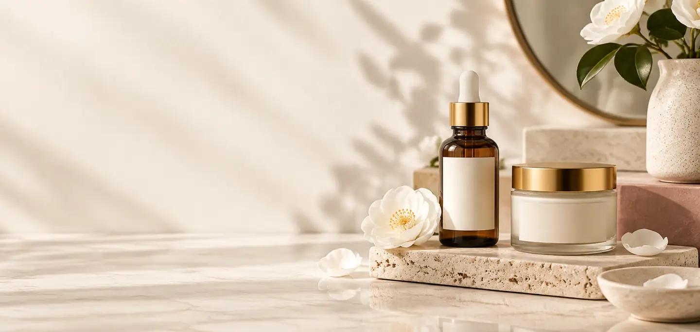 Productos de skincare en una composición editorial